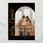 黒モダンと金ゴールドのアーチ写真ファミリークリスマス 箔シーズンカード (正面)