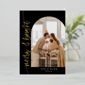 黒モダンと金ゴールドのアーチ写真ファミリークリスマス 箔シーズンカード (立ち正面)