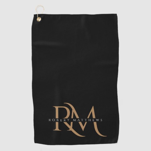 黒モダンと金ゴールドのイニシャルエレガントモノグラムの ゴルフタオル (正面)