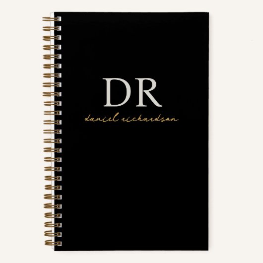黒モダンと金ゴールドのイニシャルスクリプトモノグラム ノートブック (正面)