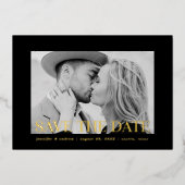 黒モダンと金ゴールドのオーバーレイ写真の保存日付 箔招待状 (正面)