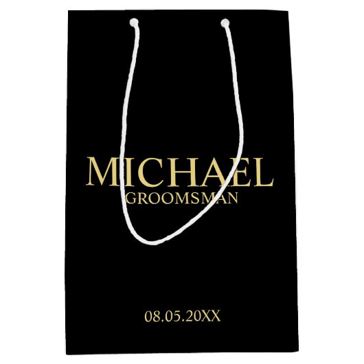 黒モダンと金ゴールドのグロパーソナライズされたームスマン ミディアムペーパーバッグ (正面)