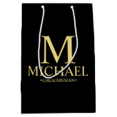 黒モダンと金ゴールドのグロパーソナライズされたームスマン ミディアムペーパーバッグ (正面)