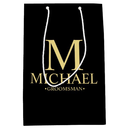 黒モダンと金ゴールドのグロパーソナライズされたームスマン ミディアムペーパーバッグ (正面)