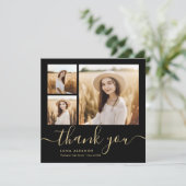 黒モダンと金ゴールドのスクリプト4写真の卒業 サンキューカード (スタンド正面)