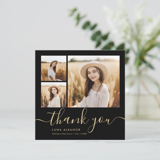 黒モダンと金ゴールドのスクリプト4写真の卒業 サンキューカード (スタンド正面)
