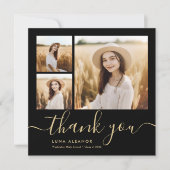 黒モダンと金ゴールドのスクリプト4写真の卒業 サンキューカード (正面)