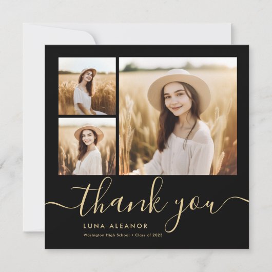 黒モダンと金ゴールドのスクリプト4写真の卒業 サンキューカード (正面)