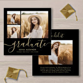 黒モダンと金ゴールドのスクリプト4写真の卒業 案内状