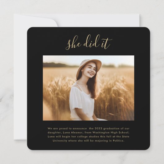 黒モダンと金ゴールドのスクリプト4写真の卒業 案内状 (裏面)