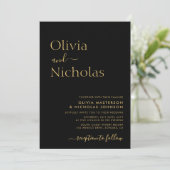 黒モダンと金ゴールドのスクリプトQRコード写真結婚s 招待状 (スタンド正面)