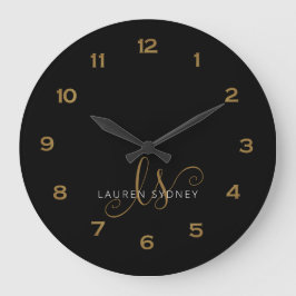 黒モダンと金ゴールドのスクリプモノグラムのト ラージ壁時計