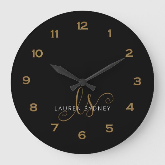 黒モダンと金ゴールドのスクリプモノグラムのト ラージ壁時計 (正面)