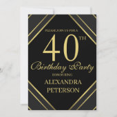 黒モダンと金ゴールドのストライプ誕生日 招待状 (正面)