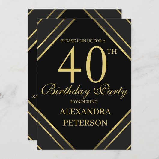 黒モダンと金ゴールドのストライプ誕生日 招待状 (正面/裏面)