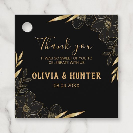 黒モダンと金ゴールドのフローラに結婚感謝 フェイバータグ (正面)