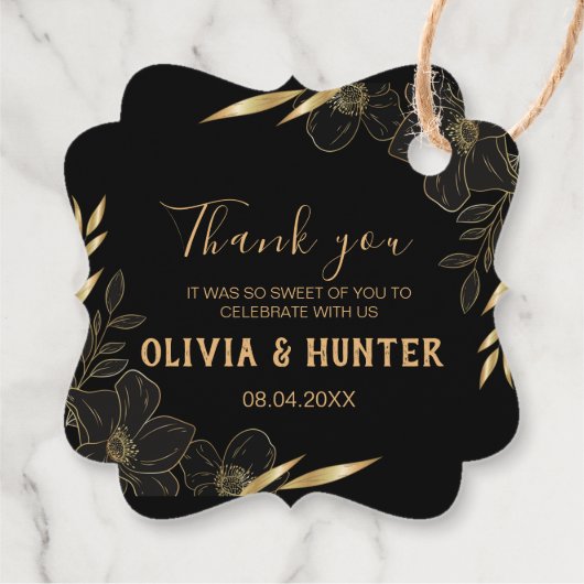 黒モダンと金ゴールドのフローラに結婚感謝 フェイバータグ (裏面)