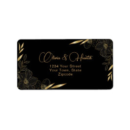 黒モダンと金ゴールドのフローラのアドレ結婚ス ラベル