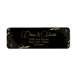 黒モダンと金ゴールドのフローラのアドレ結婚ス ラベル