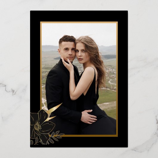 黒モダンと金ゴールドのフローラ写真結婚の箔 箔招待状 (裏面)