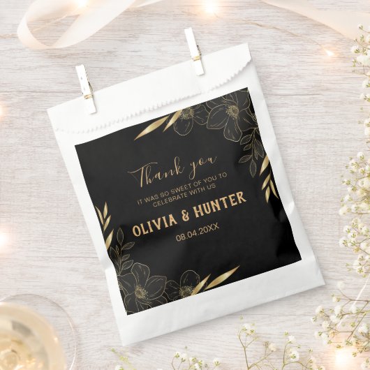 黒モダンと金ゴールドのフローラ結婚のユー感謝していザ フェイバーバッグ (クリップ留めされた状態)