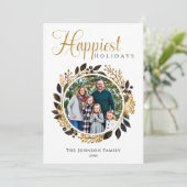 黒モダンと金ゴールドのリースクリスマスフォト シーズンカード (スタンド正面)