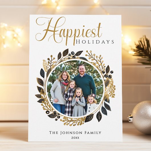 黒モダンと金ゴールドのリースクリスマスフォト シーズンカード