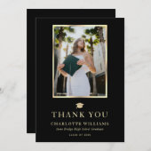 黒モダンと金ゴールドの写真の卒業 サンキューカード (正面/裏面)