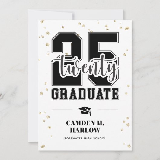 黒モダンと金ゴールドの写真の卒業 案内状 (正面)