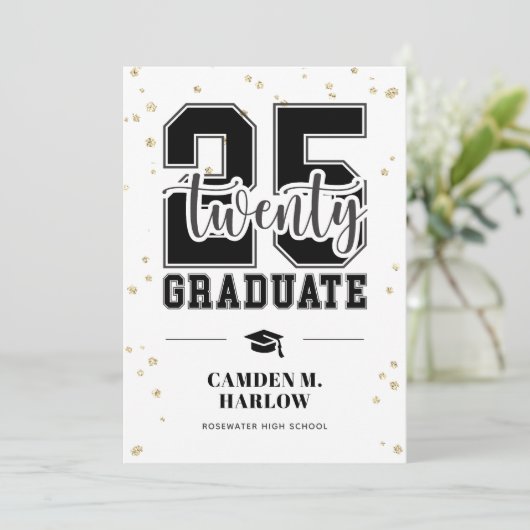 黒モダンと金ゴールドの写真の卒業 案内状 (スタンド正面)