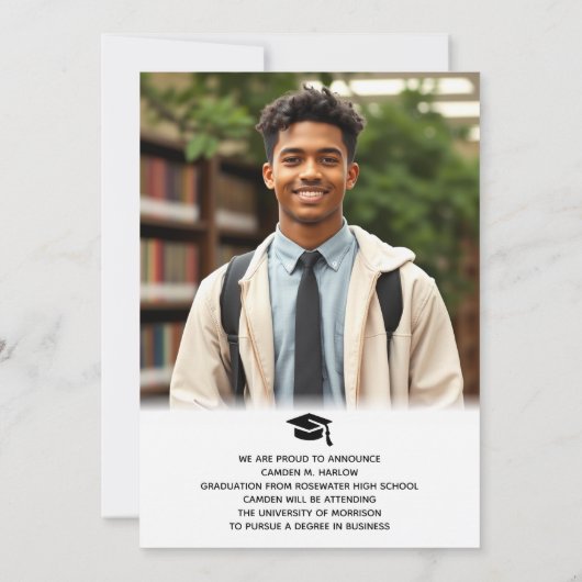 黒モダンと金ゴールドの写真の卒業 案内状 (裏面)