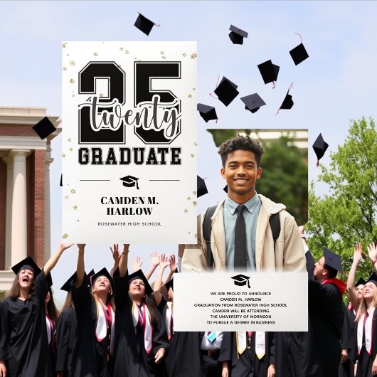 黒モダンと金ゴールドの写真の卒業 案内状