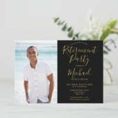 黒モダンと金ゴールドの写真の退職パーティー 招待状 (スタンド正面)