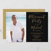 黒モダンと金ゴールドの写真の退職パーティー 招待状 (正面/裏面)