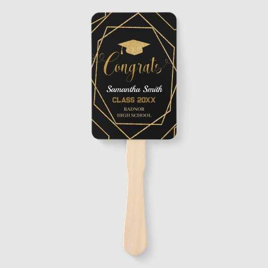 黒モダンと金ゴールドの幾何学的な卒業写真 ハンドファン (正面)