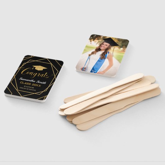 黒モダンと金ゴールドの幾何学的な卒業写真 ハンドファン (組立なし)