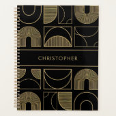 黒モダンと金ゴールドの幾何学的名前をカスタムする プランナー手帳 (正面)