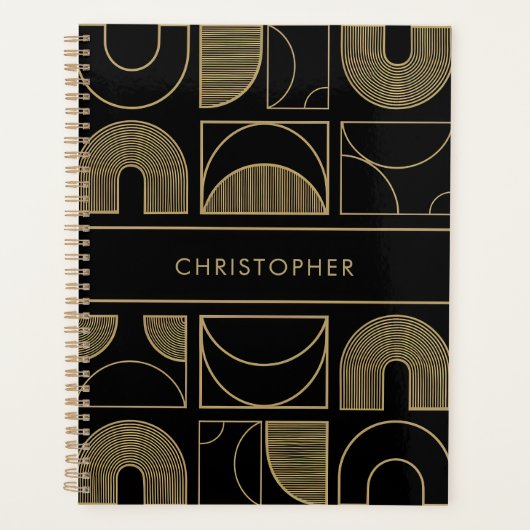 黒モダンと金ゴールドの幾何学的名前をカスタムする プランナー手帳 (正面)