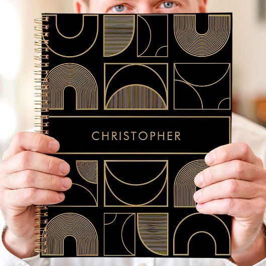 黒モダンと金ゴールドの幾何学的名前をカスタムする プランナー手帳