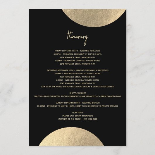 黒モダンと金ゴールドの抽象芸術の結婚旅程 プログラム (裏面)