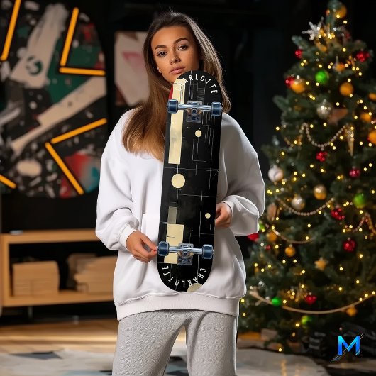 黒モダンと金ゴールドの抽象芸術スケートボード スケートボード