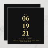 黒モダンと金ゴールドの正方形の日付を保存結婚する 招待状 (正面/裏面)