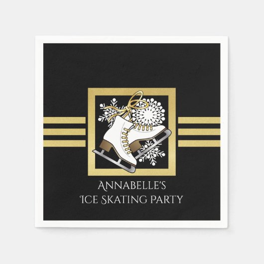 黒モダンと金ゴールドの氷のスケートで滑るパーティー スタンダードカクテルナプキン (正面)