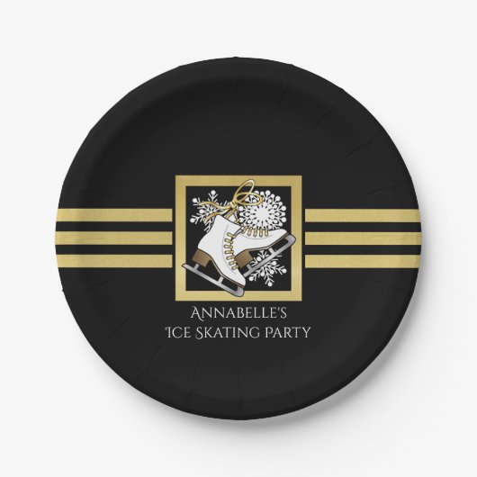 黒モダンと金ゴールドの氷のスケートで滑るパーティー ペーパープレート (正面)