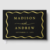 黒モダンと金ゴールドの波状フレームの結婚写真 ゲストブック (正面)