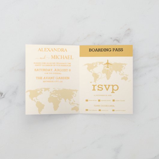 黒モダンと金ゴールドの目的地のパスポ結婚ート 招待状 (内部)