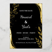 黒モダンと金ゴールドの結婚式の日付を保存 箔招待状 (正面)