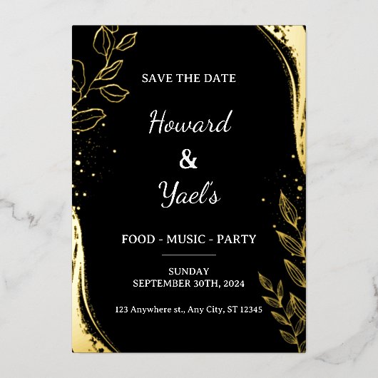 黒モダンと金ゴールドの結婚式の日付を保存 箔招待状 (正面)