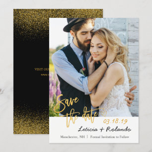 黒モダンと金ゴールドの結婚式の日付写真を保存 セーブザデート