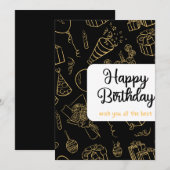 黒モダンと金ゴールドの誕生日パーティーへの招待 招待状 (正面/裏面)